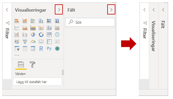 Du kan komprimera eller expandera Visualiseringar och fält.