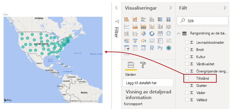 Dra ett fält till rapportvyns arbetsyta för att skapa ett visuellt objekt.