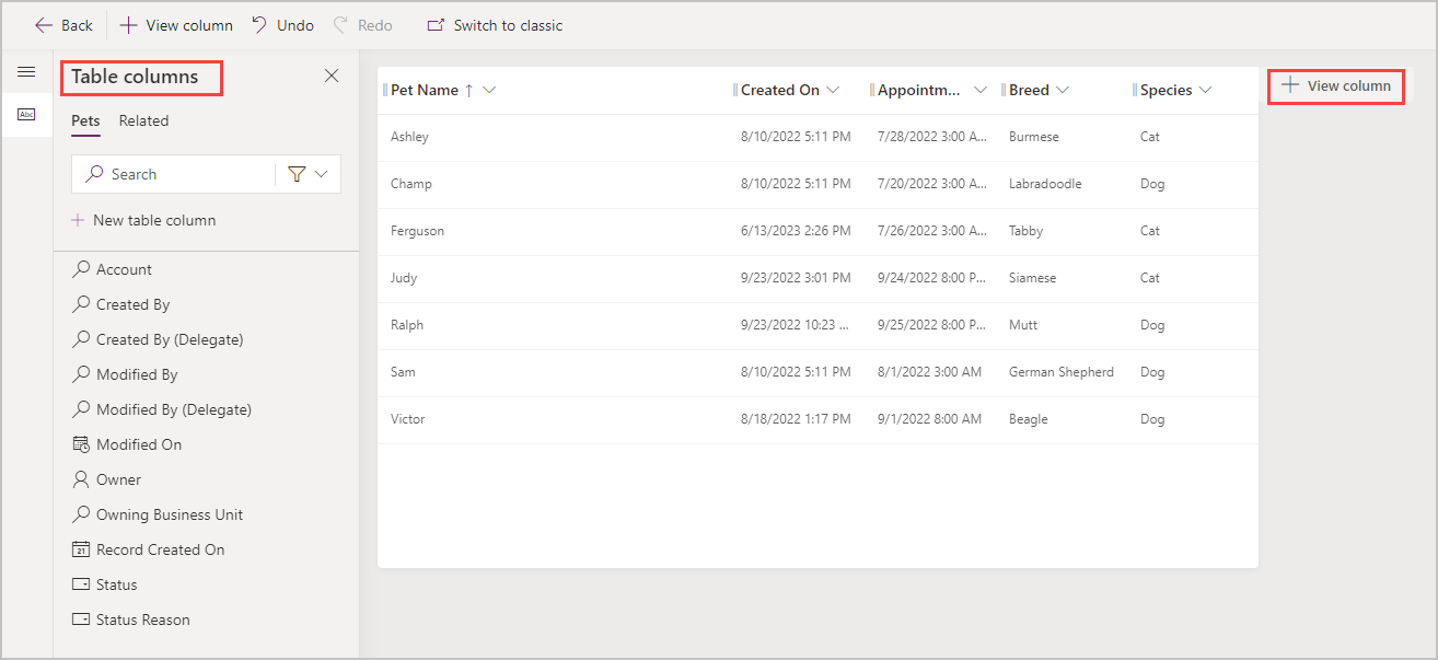 Screenshot of table view showing available table columns and + View columns highlighted.