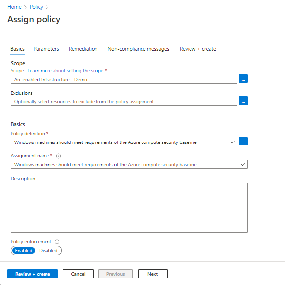 Skärmbild som visar sidan för Azure Policy-val.