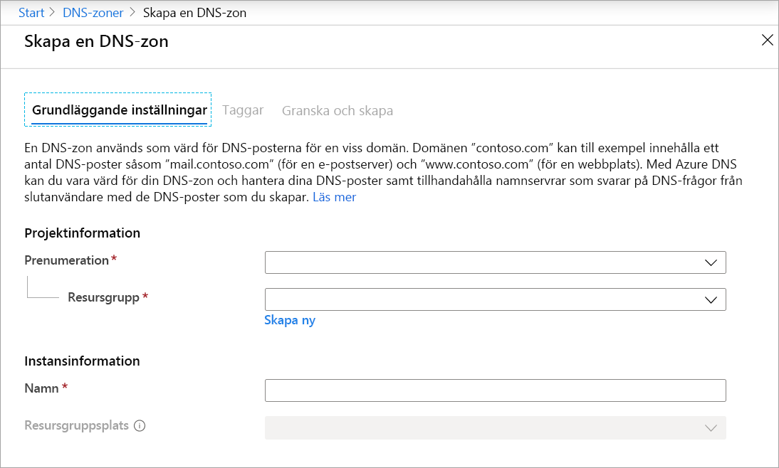 Skärmbild av sidan Skapa DNS-zon.