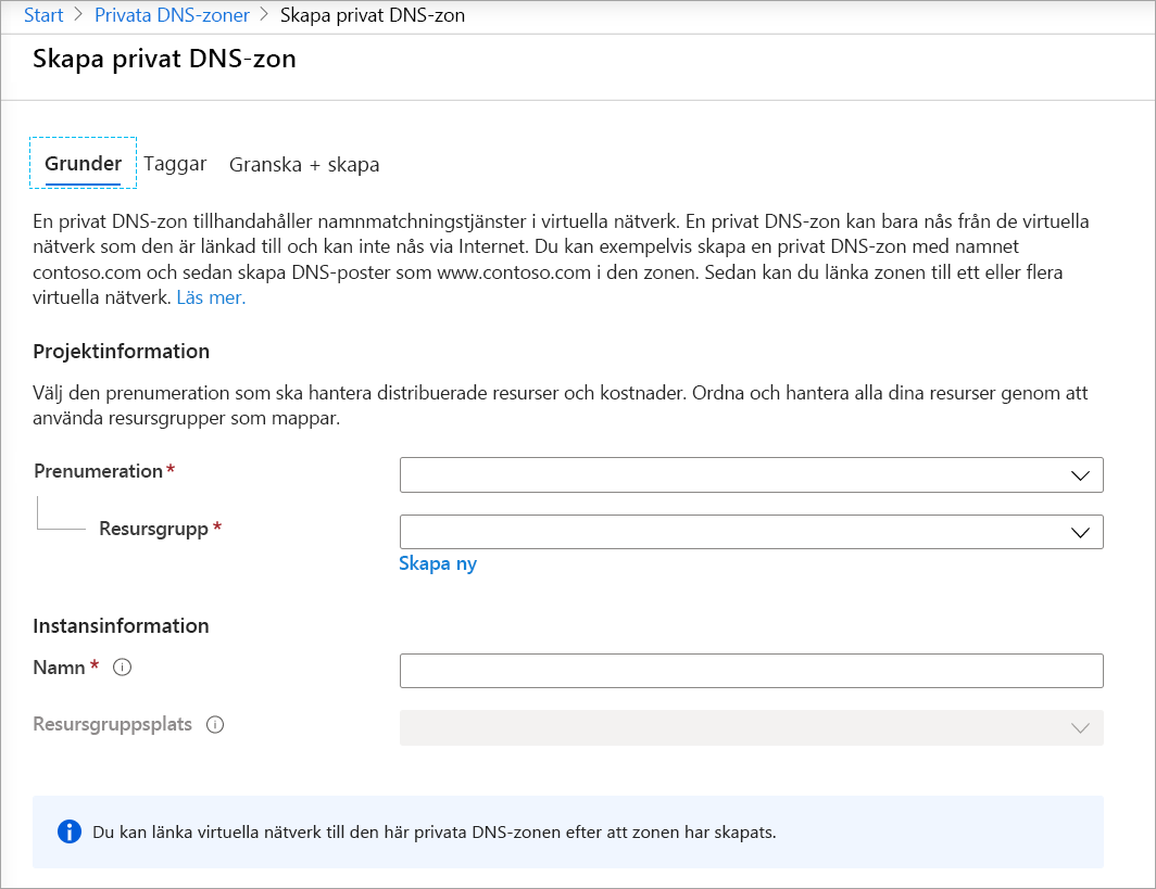 Skärmbild av sidan Skapa Privat DNS zon.