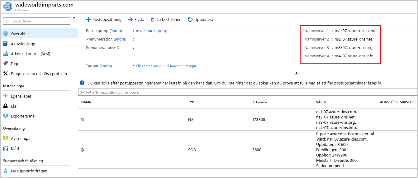 Skärmbild av namnserverinformationen på sidan DNS-zon.