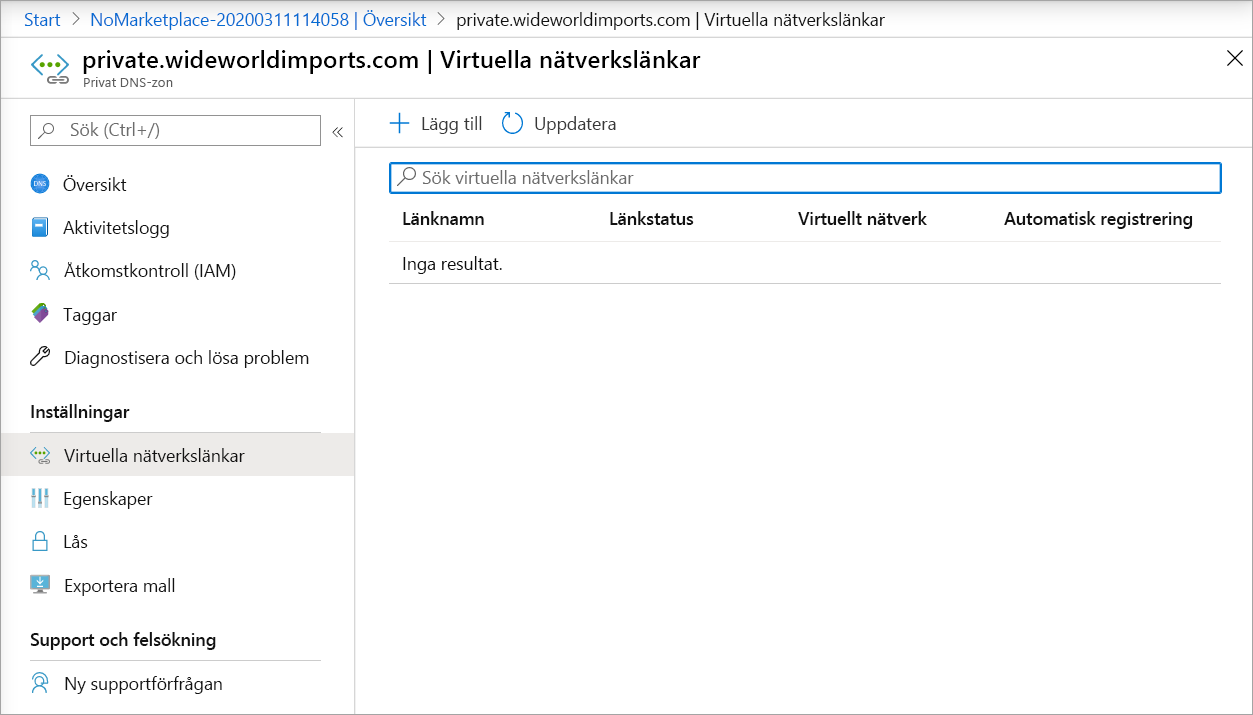 Skärmbild av sidan Länkar till virtuellt nätverk i en privat DNS-zon.