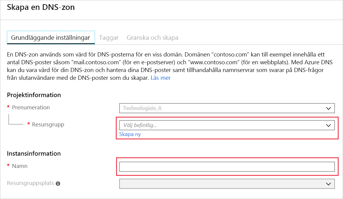 Skärmbild av sidan Skapa DNS-zon.
