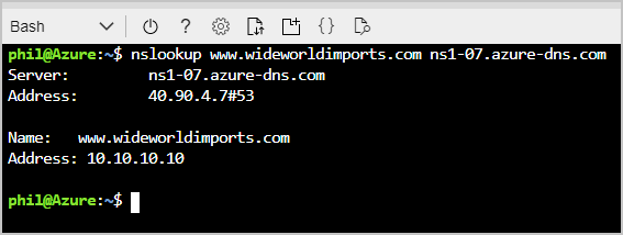 Skärmbild av Cloud Shell som visar nslookup-resultatet.