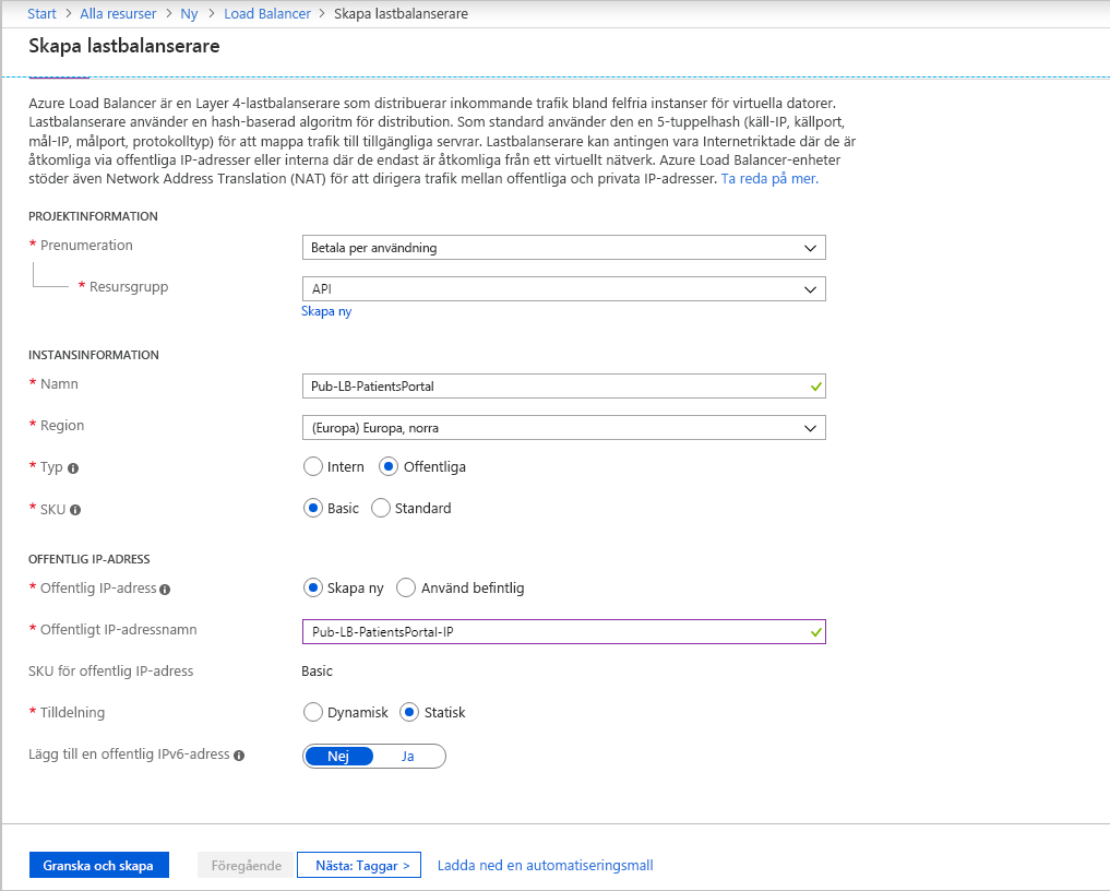 Skärmbild som visar fliken Grundläggande på skärmen Skapa en lastbalanserare i Azure Portal.