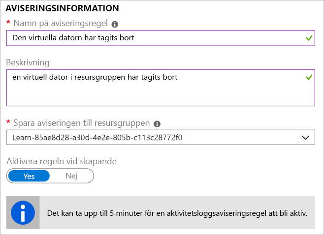 Skärmbild som visar ett slutfört avsnitt med aviseringsinformation.