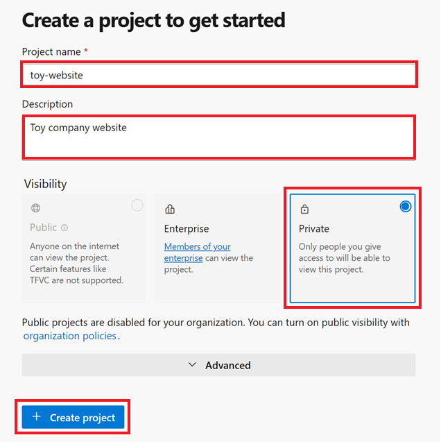 Skärmbild av fönstret Skapa ett projekt för att komma igång med Azure DevOps som visar projektnamn och synlighetsalternativ markerade.