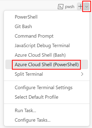 Skärmbild av Terminalfönstret i Visual Studio Code, med listrutan terminalgränssnitt som visas och PowerShell valt.