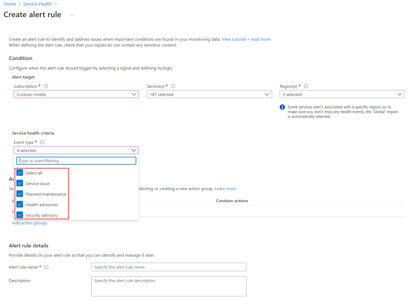 Screenshot depicting configuration of an alert rule. The image shows four event types selected for a single subscription.