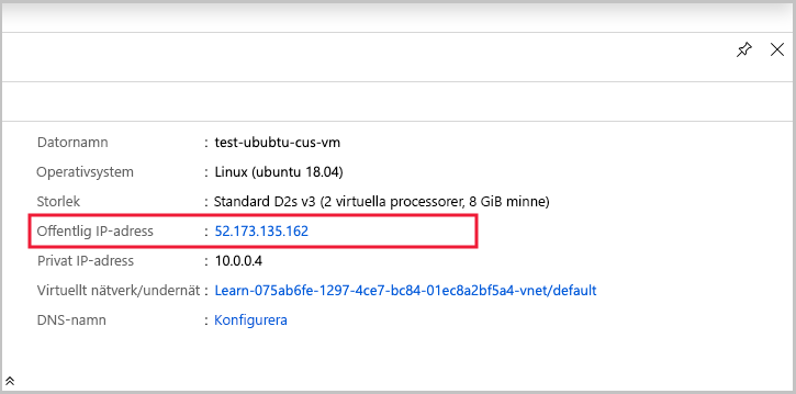 Skärmbild som visar den virtuella datorns nödvändigheter och egenskaper med den offentliga IP-adressen markerad.