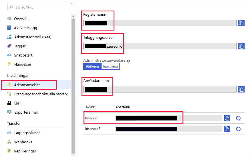 Skärmbild av information om åtkomstnycklar.