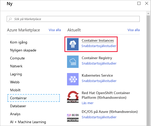 Skärmbild som visar containerinstanser.