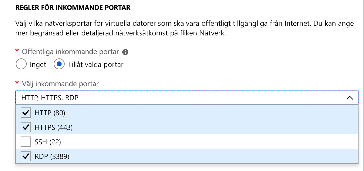 Skärmbild av avsnittet för regler för inkommande portar som visar att HTTP, HTTPS och RDP har valts.