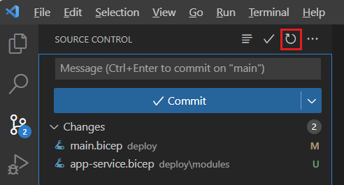 Skärmbild av Visual Studio Code som visar källkontroll med verktygsfältsikonen Uppdatera markerad.