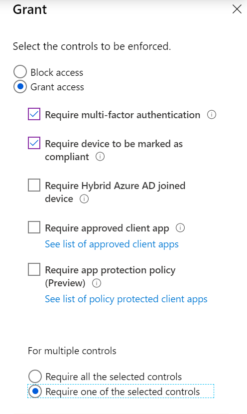 Skärmbild av inställningarna för beviljande av åtkomstkontroll med de valda alternativen: Kräv multifaktorautentisering, Kräv enhetskompatibel och Kräv en av de valda kontrollerna.