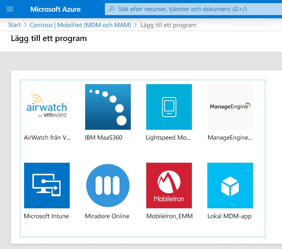 Skärmbild som visar mobilitetsprogram som du kan lägga till, däribland Microsoft Intune.