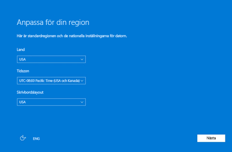 Skärmbild av regionanpassningen för Windows 10.