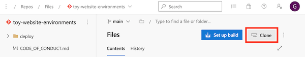 Skärmbild av Azure DevOps som visar lagringsplatsen och knappen Klona.
