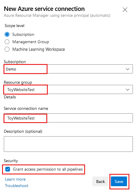 Skärmbild av Azure DevOps som visar slutförd information för att skapa en tjänstanslutning för testmiljön.