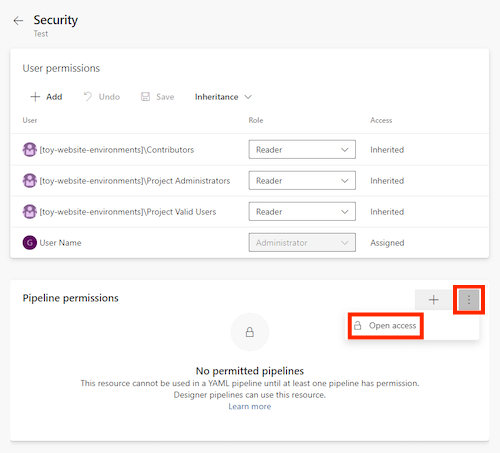 Skärmbild av Sidan Azure DevOps för en miljö med namnet Test, där menyn Fler åtgärder visas och öppna åtkomstobjektet markerat.