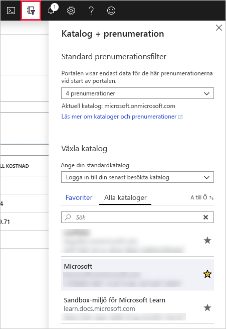 Skärmbild som visar dialogrutan Katalogval i Azure Portal.