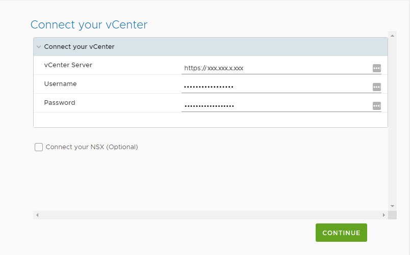 Screenshot of where to configure a connection to the on-premises vCenter environment for the VMware HCX Connector appliance.