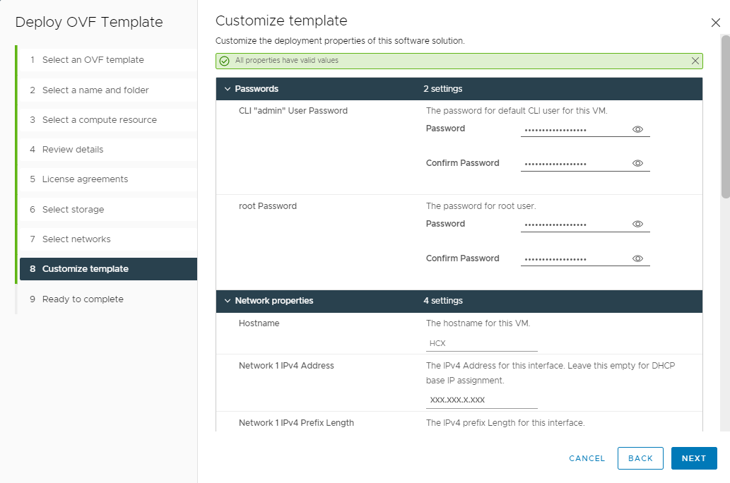 Screenshot of customizing the OVA template file for the VMware HCX Connector deployment on-premises.