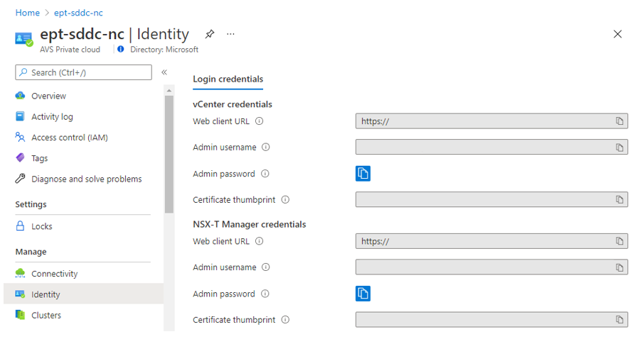 Screenshot of where to find the vCenter and NSX sign-in information in the Azure portal.