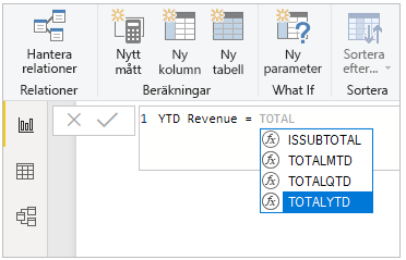 Skärmbild av en skriven DAX-funktion.