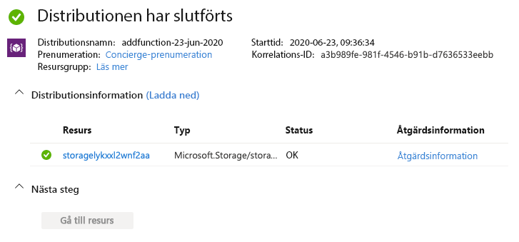 Skärmbild av Azure-portalen som visar att lagringskontot har distribuerats.