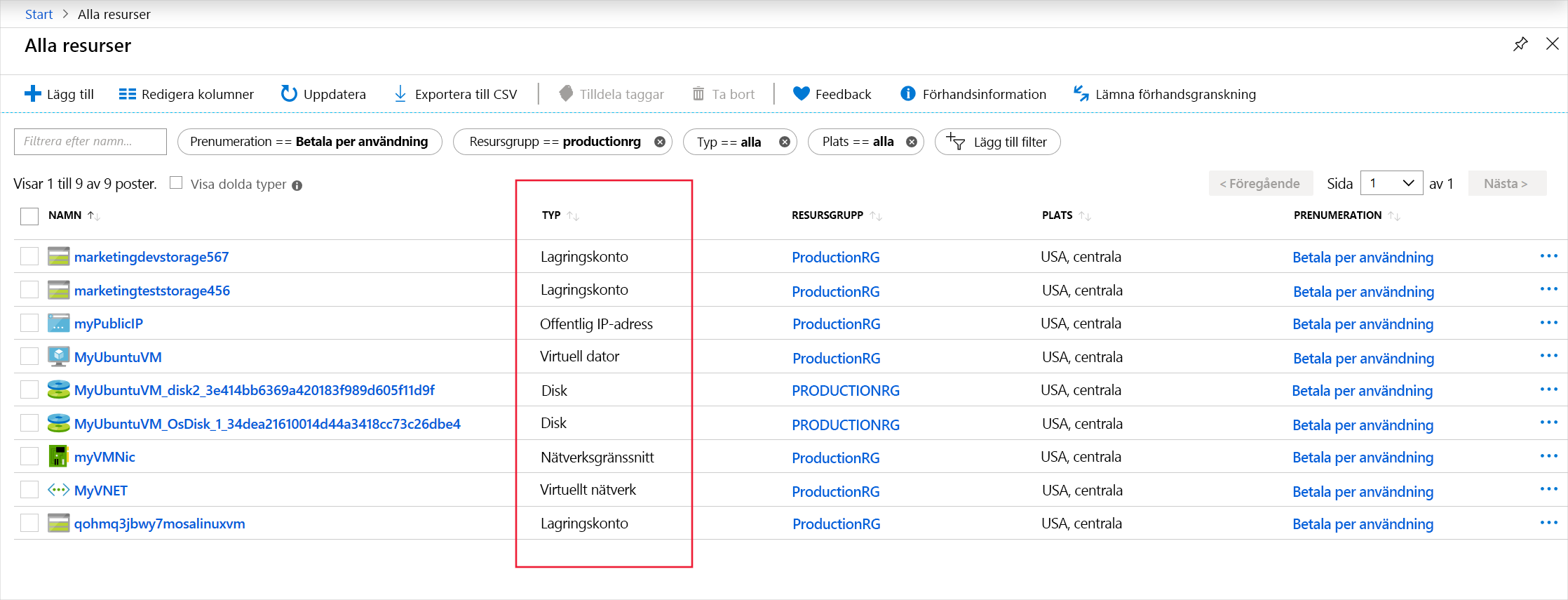 Skärmbild som visar kolumnen resurstyp på sidan Alla resurser.