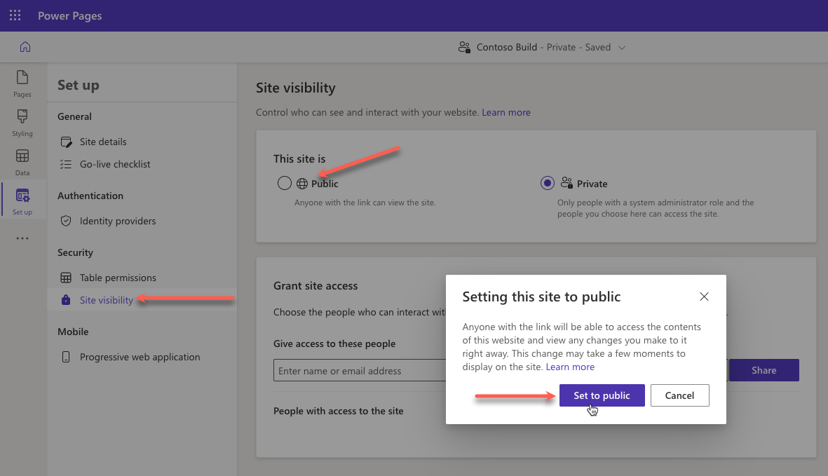Screenshot of Power Pages design studio with Site visibility selected and a prompt to confirm visibility changes from private to public.