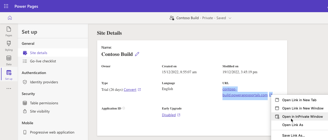 Screenshot of the Set up workspace with Site details selected. The context menu is displaying the site URL with the Open in InPrivate Window option highlighted.