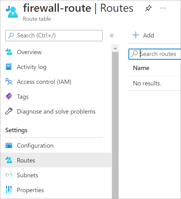 Screenshot that shows the routes option under settings on the firewall route table.