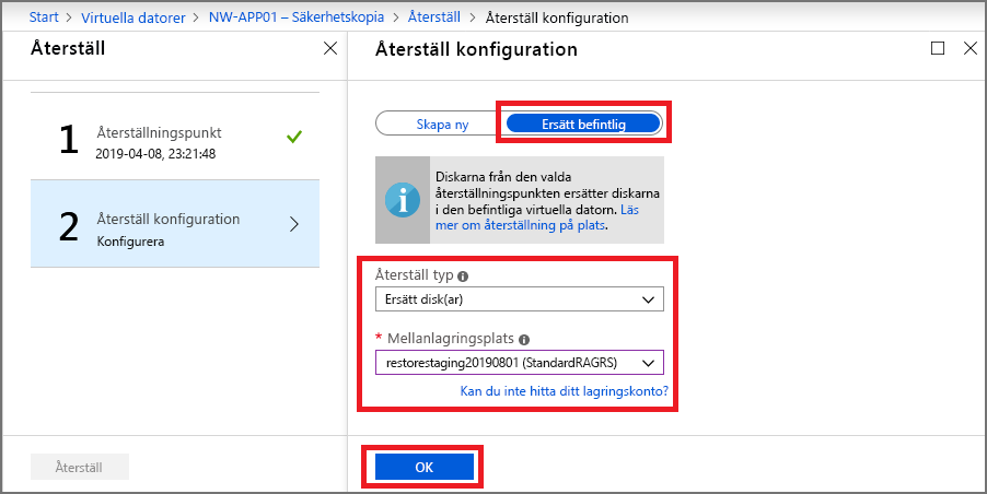 Skärmbild som visar konfigurationsalternativen för återställning.