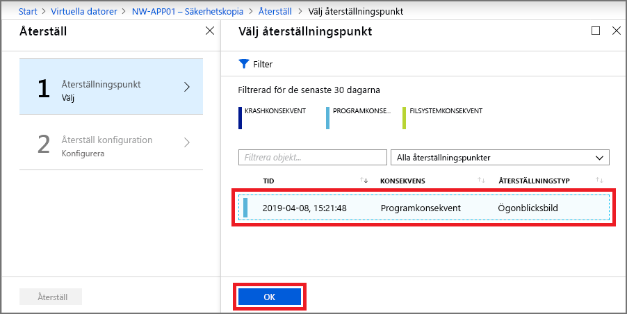 Skärmbild av att välja en återställningspunkt.