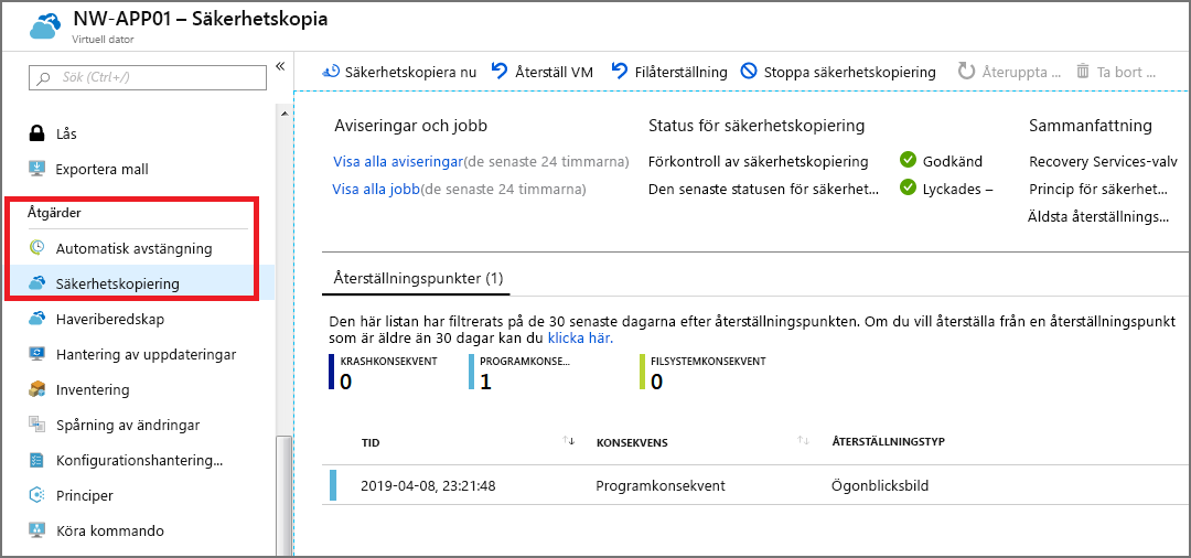 Skärmbild av säkerhetskopieringsåtgärden för en virtuell dator.