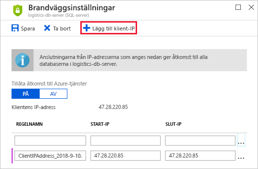 Skärmbild av Azure Portal som visar fönstret Brandväggsinställningar för SQL-databas med 