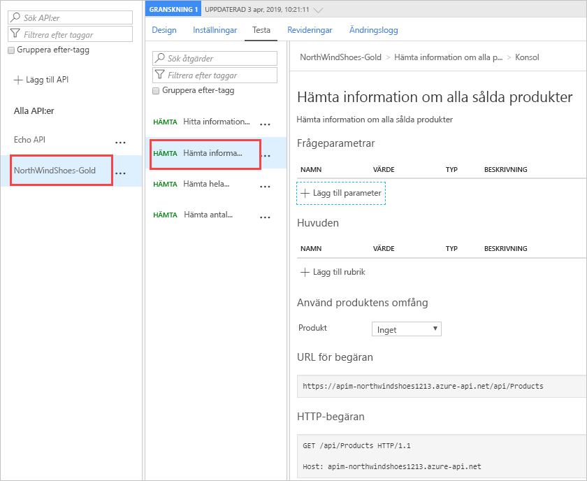 Skärmbild av Azure Portal API-konfiguration som visar ett markerat GET-begärandetest på ett importerat API.