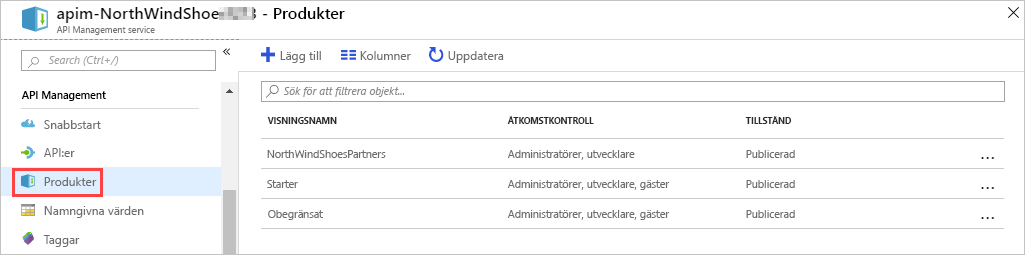 Skärmbild av Azure Portal som visar avsnittet API Management med produkter markerat.