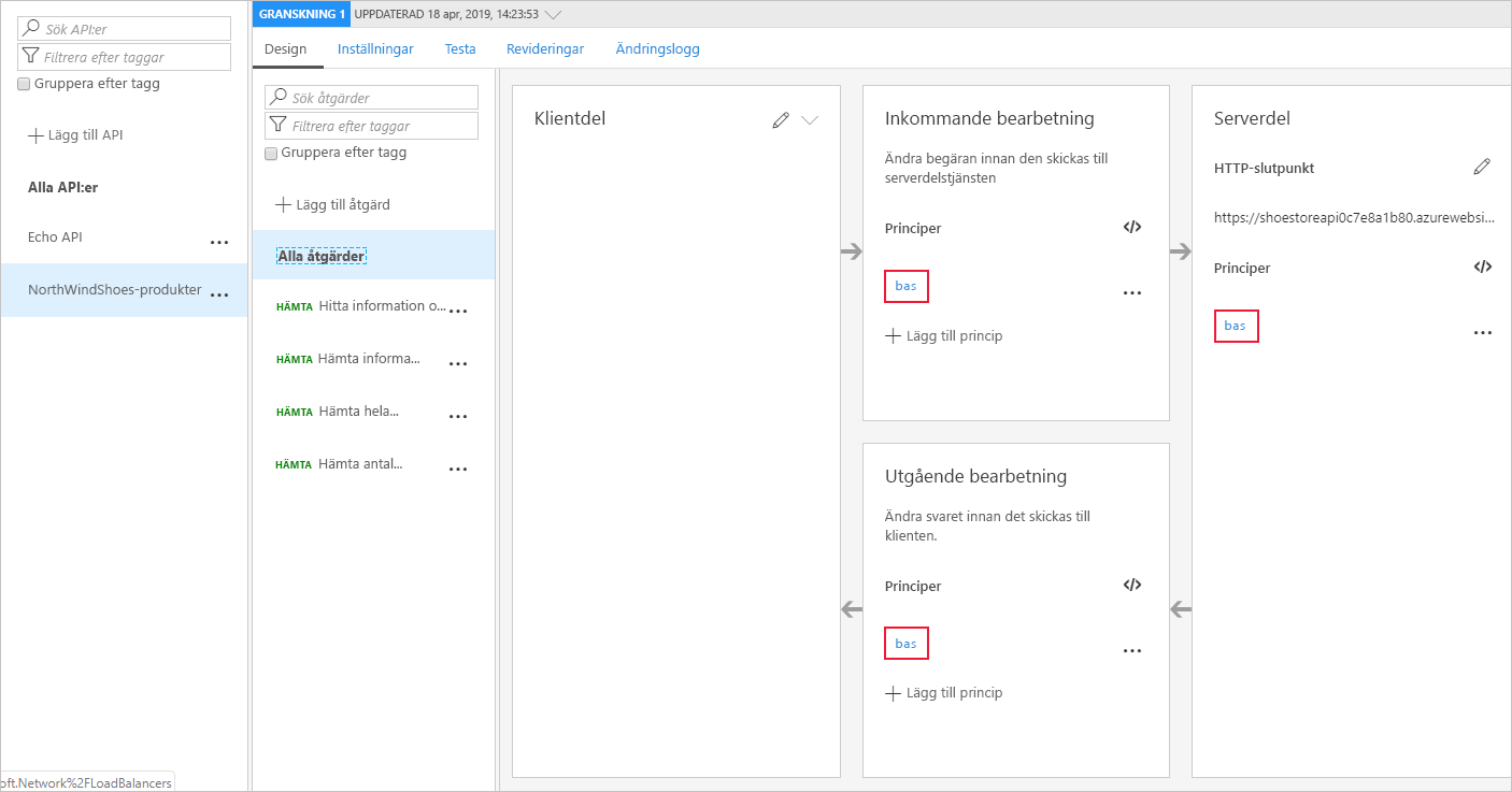 Skärmbild av Azure Portal som visar API-konfiguration för alla åtgärder med basprinciper markerade för avsnitten inkommande, utgående och serverdel.