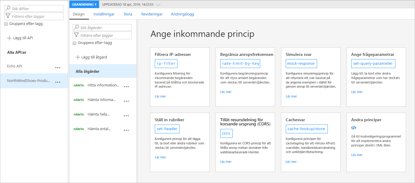 Skärmbild av Azure Portal som visar alternativ för inkommande principer för API-konfiguration.