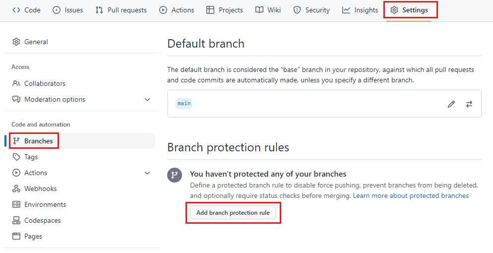 Skärmbild av GitHub som visar sidan för att lägga till regler för grenskydd med knappen för att lägga till en regel markerad.