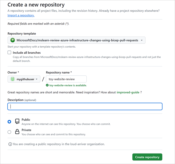 Skärmbild av GitHub-gränssnittet som visar sidan för att skapa lagringsplatsen.