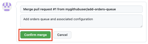 Skärmbild av GitHub som visar en pull-begäran med knappen för att bekräfta en sammanslagning markerad.