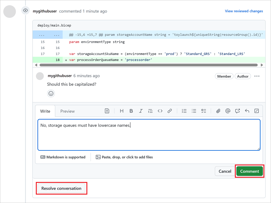 Skärmbild av GitHub som visar svaret på en kommentar, med knapparna för att ange en kommentar och lösa en konversation markerad.