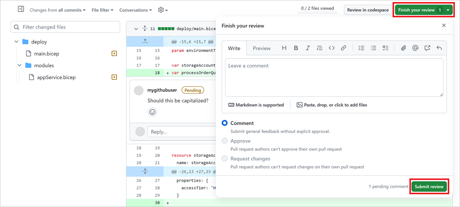 Skärmbild av GitHub som visar panelen för att slutföra en granskning, med knappen för att skicka en recension markerad.