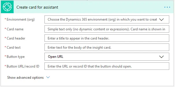 Sales insights card settings with required columns as listed in the following table.